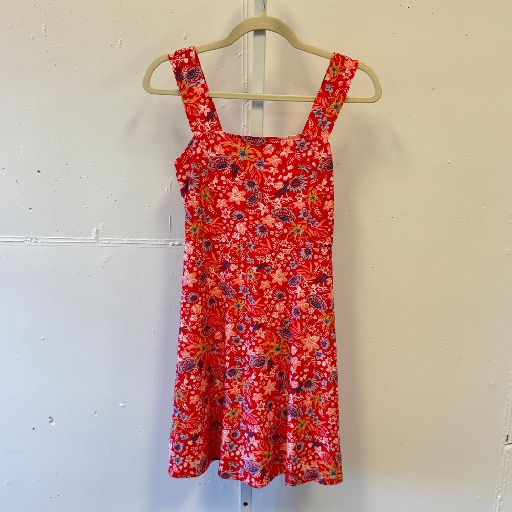 SO Red Floral Square Neck Mini Dress XS Sleeveless Fit & Flare Summer Boho Soft